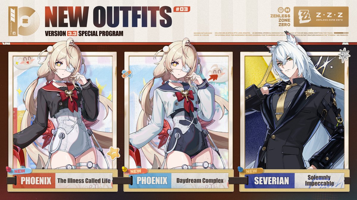 ZZZ_EN's tweet photo. Zenless Zone Zero Version 3.3 "Journey to the Sky" Special Program | Intel Report

Within a sleepwalker's dream... another dreamer awakens.
New Agents Phoenix and Severian are coming soon!
Look forward to new outfits, Agent Signal Search reruns, new story content, and new event gameplay in Version 3.3!

The Special Program redemption code will expire on October 11 at 23:59:59 (UTC+8). Don't forget to redeem it~
View the image below to see the highlights of this Special Program!

▼Read Full Article 
https://t.co/6vcsLgoGs3

#zzzero #zenlesszonezero 
#zzzSpecialProgram