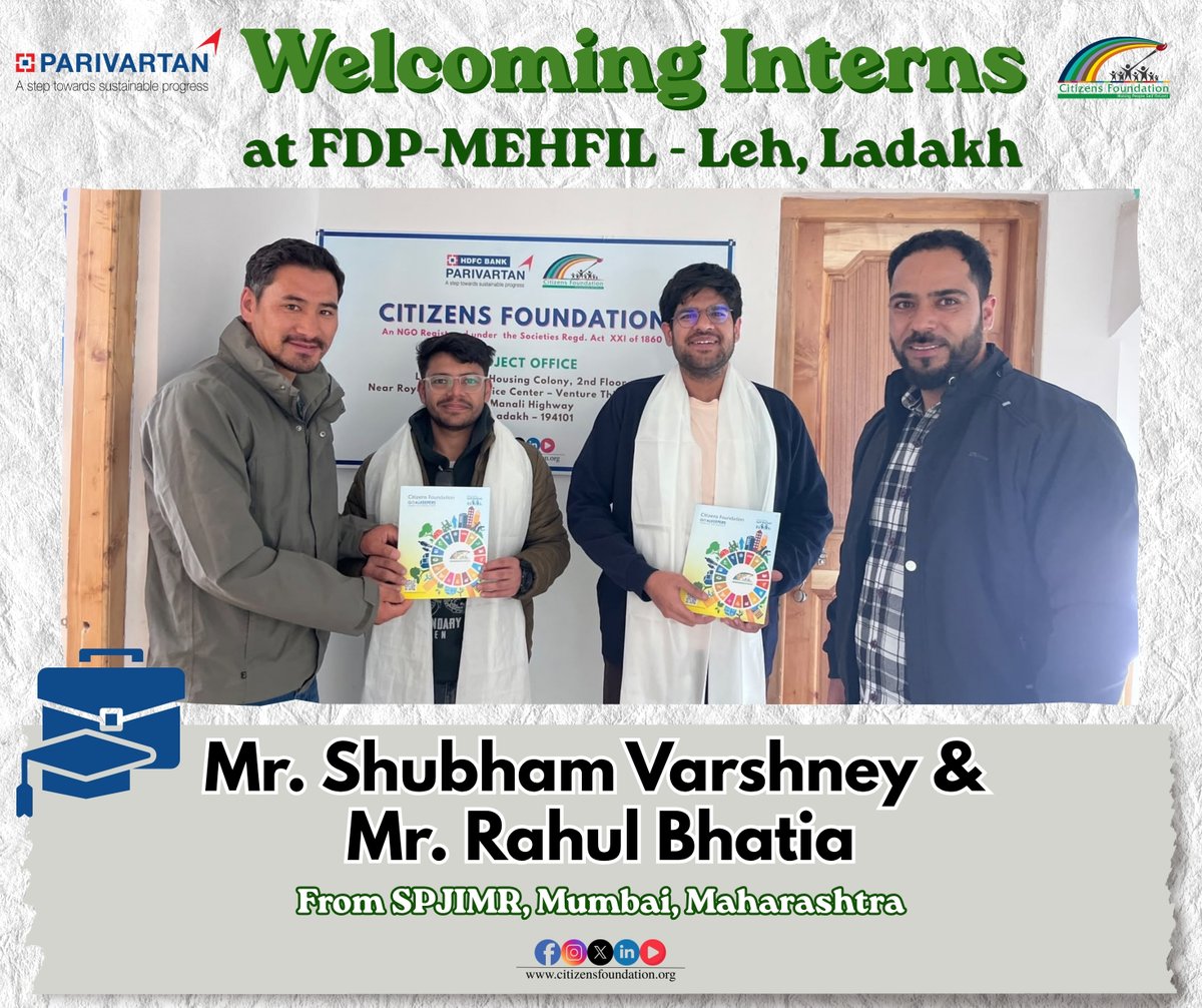 citizens_cf's tweet photo. 🌱 Welcoming the Next Generation of Changemakers!
@citizens_cf is delighted to welcome interns from @SPJIMR, Mumbai, who will be joining us across various @HDFCBankCSR projects in different regions of India, including Jammu & Kashmir, Leh-Ladakh, Sikkim, and Assam.This collaboration offers a valuable opportunity for young minds to gain grassroots exposure, engage with diverse communities, understand development challenges, and contribute to meaningful, community-led change.

As they embark on this journey of learning, discovery, and impact, we look forward to their fresh perspectives, enthusiasm, and commitment towards building a more inclusive and sustainable future. Together, let’s empower communities and create lasting change!🤝🌏

@GaneshReddys7 
#CFat29 #SPJIMR #HDFCBankParivartan #Internship #YouthForChange #CommunityDevelopment #RuralDevelopment #SustainableDevelopment #SocialImpact