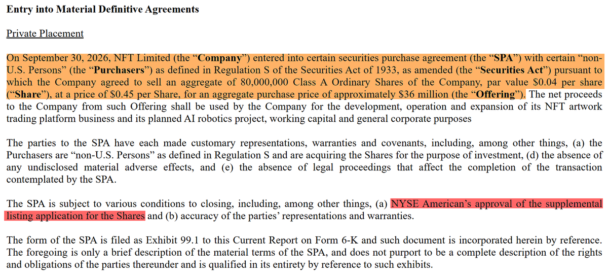 MicrocapEngine's tweet photo. $MI +62%, $17M traded.

Sep 30 SEC 6-K: 80M shares agreed at $0.45 ($36M), subject to NYSE American approval.

Oct 8: 1M units priced at $1, each with a warrant; closing expected Oct 9.

80M agreed ≠ 80M in the float. Are traders treating pending supply as live? https://t.co/tTFYgYZxsh