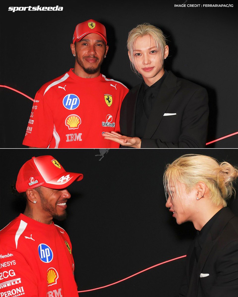 SKPitStop's tweet photo. F1 meets K-pop! 🤝 

Lewis Hamilton with Felix in Singapore 🤩

#F1 #LewisHamilton #SingaporeGP https://t.co/kAo0IuCm2y