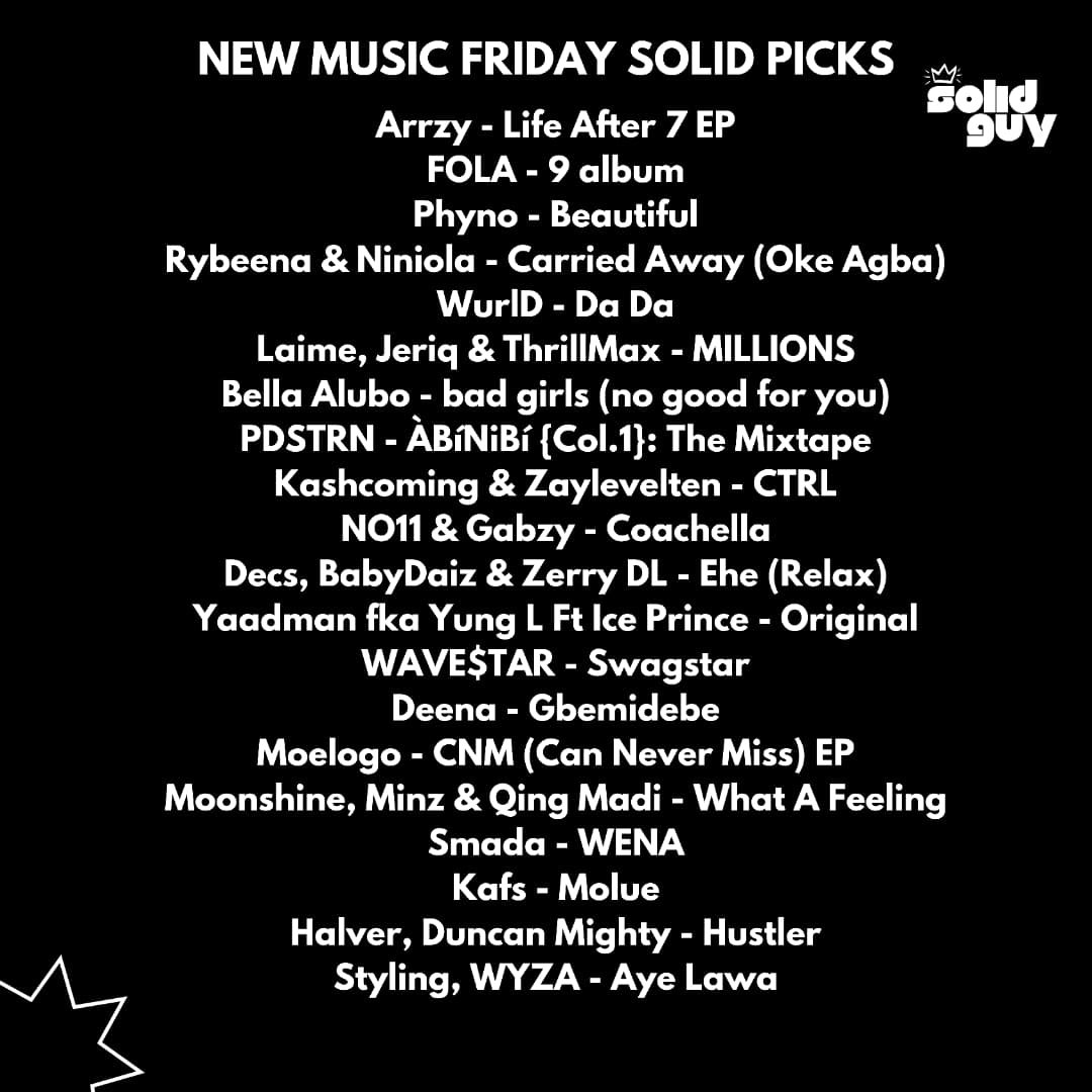 Solid_Magazine's tweet photo. NEW MUSIC FRIDAY SOLID PICKS ๐ณ๐ฌ
9-10-26
Cover: Arrzy (@arrzy___ )
๐: https://t.co/zobZuohCZh?
Like, Share And Save ๐๐ค
Arrzy - Life After 7 EP
FOLA - 9 album (@Folapondis )
Phyno - Beautiful (@phynofino)
Rybeena & Niniola - Carried Away (Oke Agba) (@Rybeena_ )
WurlD - Da Da (@thisisWurlD)
Laime, Jeriq & ThrillMax - MILLIONS (@Laimeonly )
Bella Alubo - bad girls (no good for you) (@BellaAlubo)
PDSTRN - รBรญNiBรญ {Col.1}: The Mixtape
Kashcoming & Zaylevelten - CTRL (@kashcoming)
NO11 & Gabzy - Coachella (@noteveneleven)
Decs, BabyDaiz & Zerry DL - Ehe (Relax)
Yaadman fka Yung L Ft Ice Prince - Original (@YaadmanYung)
WAVE$TAR - Swagstar (@wavestarlife)
Deena - Gbemidebe
Moelogo - CNM (Can Never Miss) EP (@moelogo)
Moonshine, Minz & Qing Madi - What A Feeling (@moonshine)
Smada - WENA
Kafs - Molue
Halver, Duncan Mighty - Hustler
Styling, WYZA - Aye Lawa
Roy blnd - On My Way (@Royb1nd)
Relo - These Days
Tistarblue - Without Us (@tistarblue)
Arryz - Statement (@arrzy___ )
Linkup โ Uwa
Deena โ Gbemidebe
Tojero - Ghana Girl (@iamtojero )
Emdrey - Sent (@whereisemdrey)
Dullar ft Easyscope - Adura
Tiepo - Koripe (@off_tiepo)