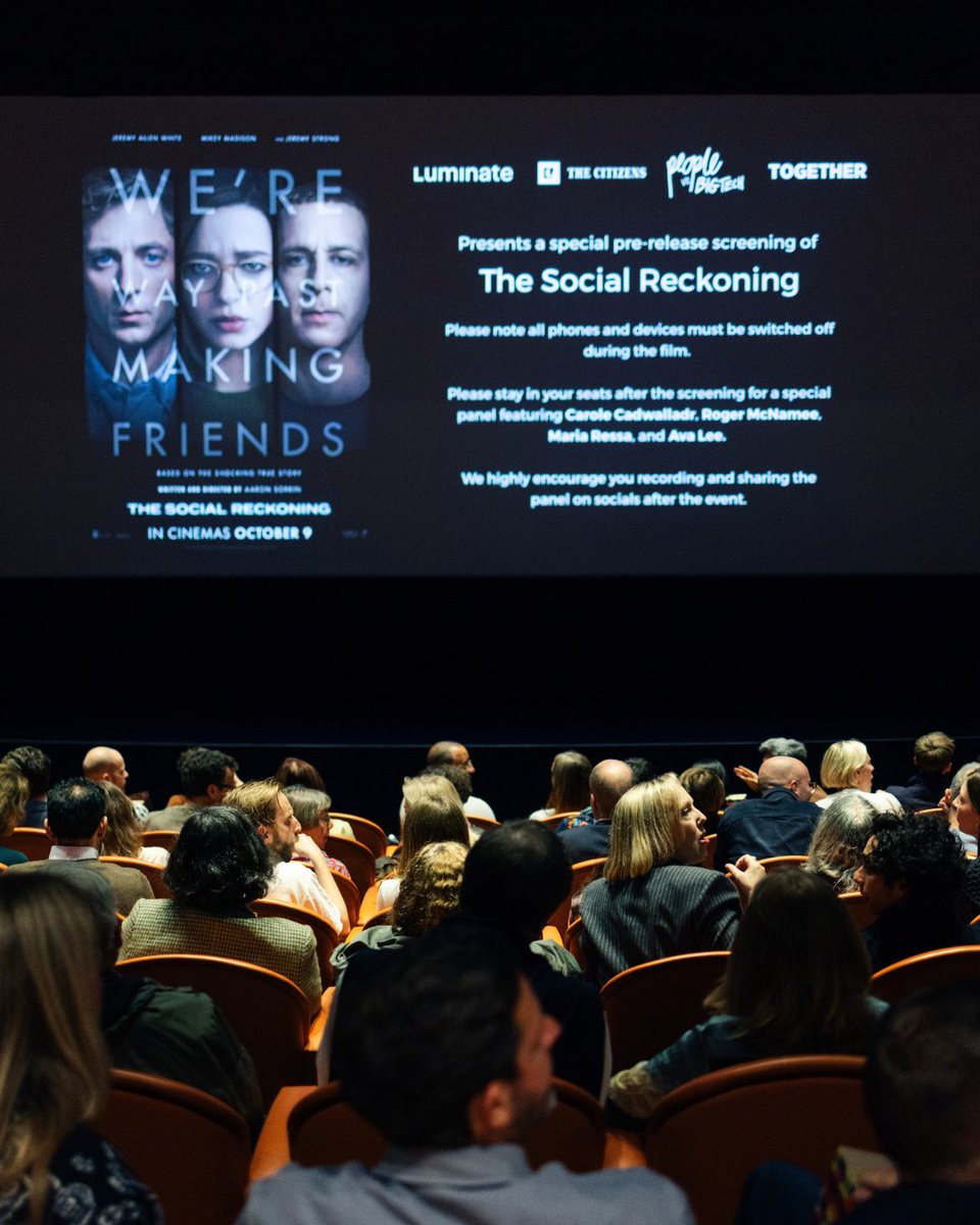 Together_Films's tweet photo. On Wednesday night, we hosted an amazing special screening of THE SOCIAL RECKONING, in partnership with LUMINATE, @allthecitizens and People vs. Big Tech.

See THE SOCIAL RECKONING in cinemas across the US and UK from today. Find out more: https://t.co/Akl0B2j9de https://t.co/fo6La93SoT