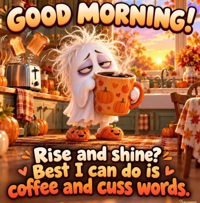 A cartoon illustration shows a tired-looking ghost with messy hair wearing pumpkin slippers and holding a pumpkin mug, with the text 'GOOD MORNING! Rise and shine? Best I can do is coffee and cuss words.'