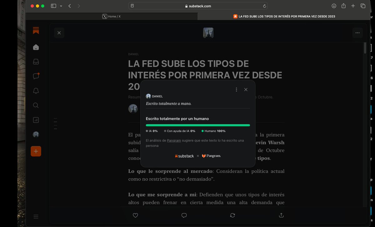 DanielFdeezz's tweet photo. El miércoles hice mi primer artículo en substack.

Después de leerme las minutas del FOMC enteras subí un pequeño resumen con algunos comentarios personales.

De lo que más orgulloso estoy es de la siguiente captura de pantalla.

Mola que substack ponga estas cositas para que la gente pueda valorar el curro que hay detrás de algunos artículos.