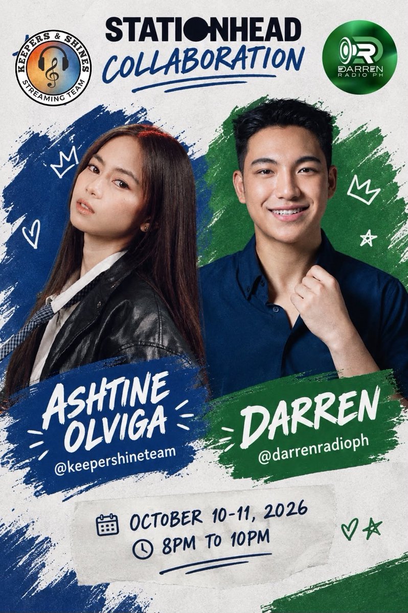 DStreamingTeam's tweet photo. Get ready for an exciting Collaboration with Ashtine Olviga and Darren Espanto songs to be played on Stationhead 🎶 Let’s come together, stream, vibe, and make every play count! 💙💚
📅 October 10–11, 2026
⏰ 8 PM – 10 PM

#AshtineOlviga #DarrenEspanto
@phebzmei @KSStreamingTeam https://t.co/oCHIKxOBfT