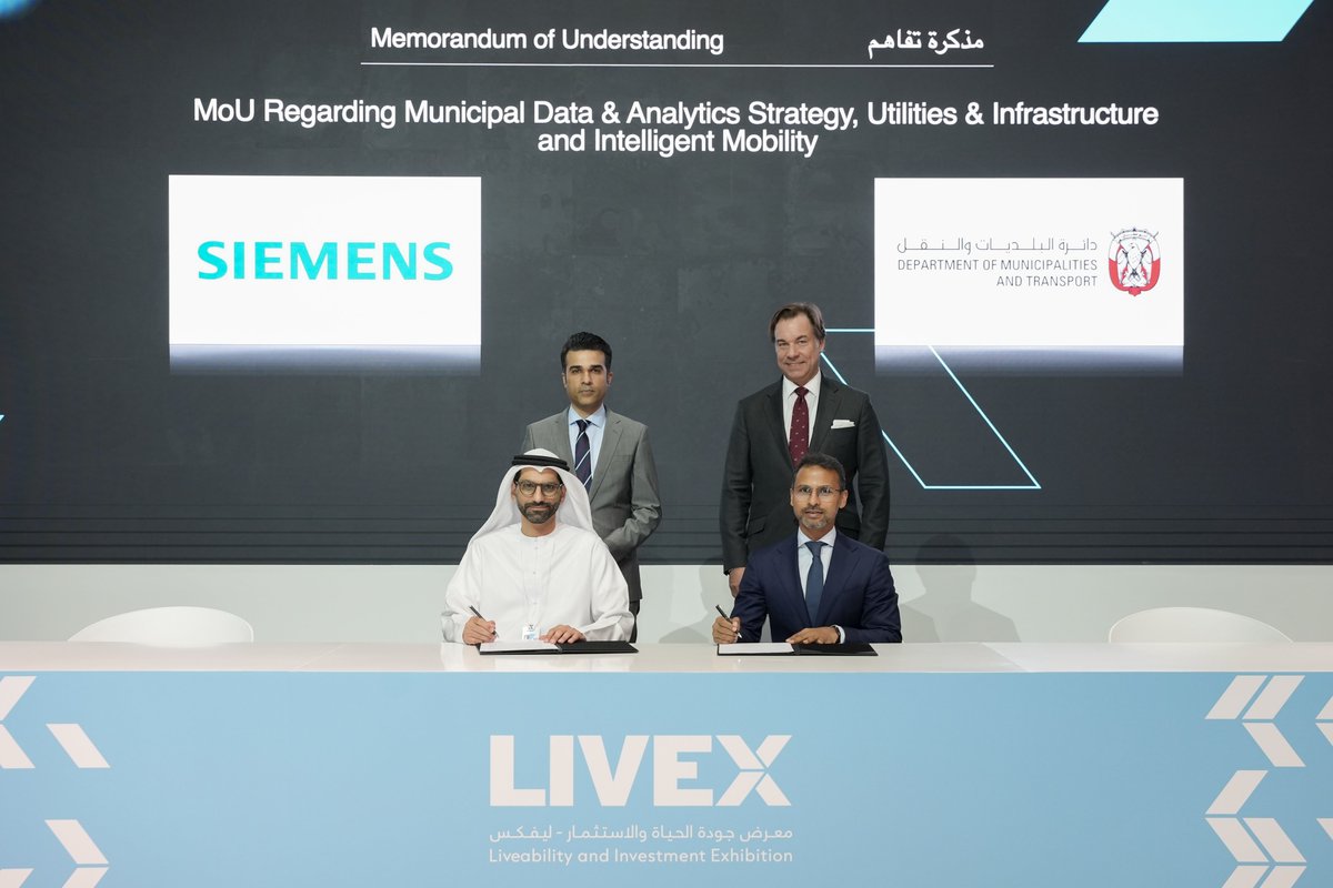 LIVEX_Global's tweet photo. @AbuDhabiDMT and @Siemens signed a strategic partnership at LIVEX 2026, with Adel Abdulla Albreiki, Acting Undersecretary of DMT, and Rohit Kumar, Chief Executive Officer of Siemens Advanta Middle East & India, signing on behalf of both organisations.

The partnership will harness data, AI and digital technologies across Abu Dhabi, supporting informed decision-making, improved operational performance and the delivery of key services.

#LIVEX2026 #LiveWhatsNext