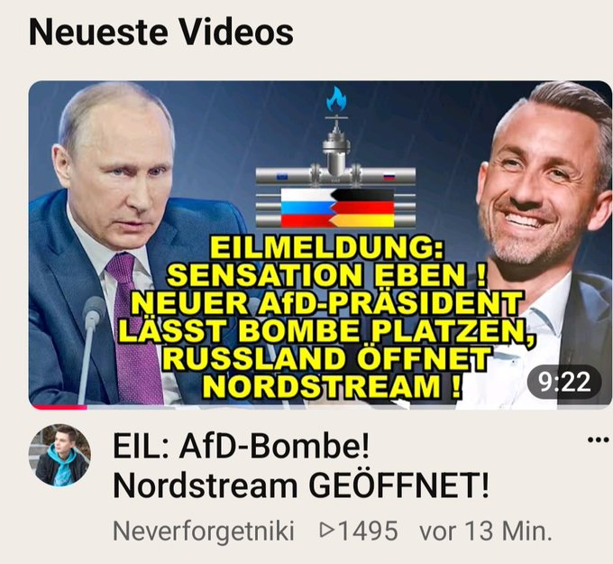 NikithebIocker's tweet photo. AFD-Wähler wollen belogen werde!
Und sie bezahlen auch noch freiwillig "jetzt erst recht" Geld dafür!

Noch ist S-A. Siegmund kein "AFD-Präsident", und auch ist  "Nordstream GEÖFFNET", nicht! https://t.co/WQokeNl8Ue