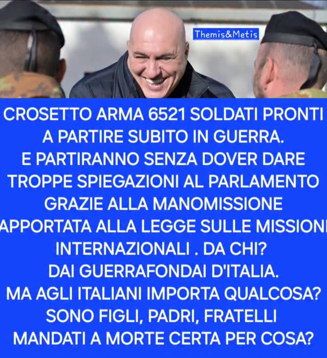 GiorgiaSalvagn1's tweet photo. CI FANNO DAVVERO TANTA PENA QUELLI CHE SOSTENGONO QUESTO GOVERNO

Il ministero arma 6.521 soldati pronti a partire subito in guerra.

L’Italia si prepara a intervenire militarmente all’estero, anche con pochissimo preavviso. E lo fa mettendo in piedi un dispositivo che in un anno ha più che raddoppiato le sue dimensioni: da 2.867 a 6.521 soldati, con 1.024 mezzi terrestri, 29 aerei e cinque unità navali. Una forza pronta a partire in caso di crisi internazionali, anche nell’ambito delle operazioni Nato.

Il governo Meloni ha già stabilito quanti militari mobilitare, con quali mezzi e risorse. Resta da decidere dove e quando mandarli
