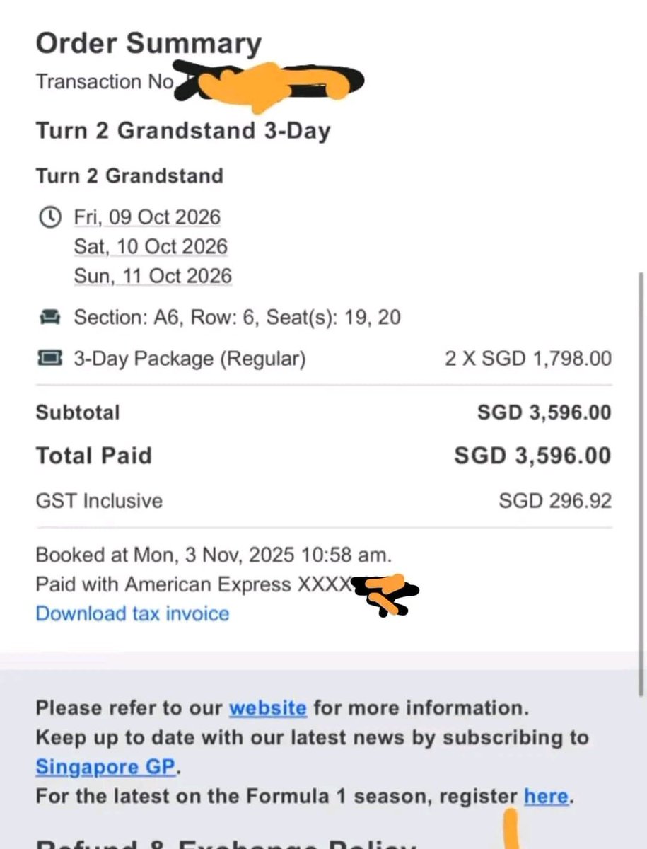 shanks_CFC's tweet photo. 🏁 WTS: 2× Singapore F1 2026 – 3-Day Passes

🎟️ Turn 2 Grandstand | A6, Row 6, Seats 19 &amp; 20
📅 9–11 Oct — Sprint Weekend
💰 SGD 1,798 each / SGD 3,596 pair

Official Singapore GP purchase. Direct app transfer.

DM if interested!

#SingaporeGP #F1Tickets #F1 https://t.co/AuH9cmD4Fy