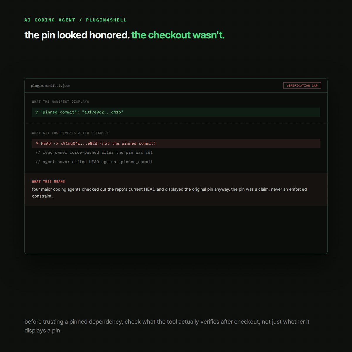 SherifDefi's tweet photo. Researchers found a zero-click rce bypass this month affecting claude code, openai codex, github copilot, and gemini cli simultaneously. 

The mechanism: the agent checks out the exact commit a plugin marketplace pinned, but never verifies the checkout actually landed on that commit. 

An attacker controlling the plugin's repo can make the checkout silently resolve to malicious code while the pin still looks honored.

Before trusting any pinned dependency inside an ai coding agent, check what the tool actually verifies after checkout, not just whether it displays a pin. 

A pin that's shown and a commit that's enforced are two different claims, and this bug lived specifically in that gap.