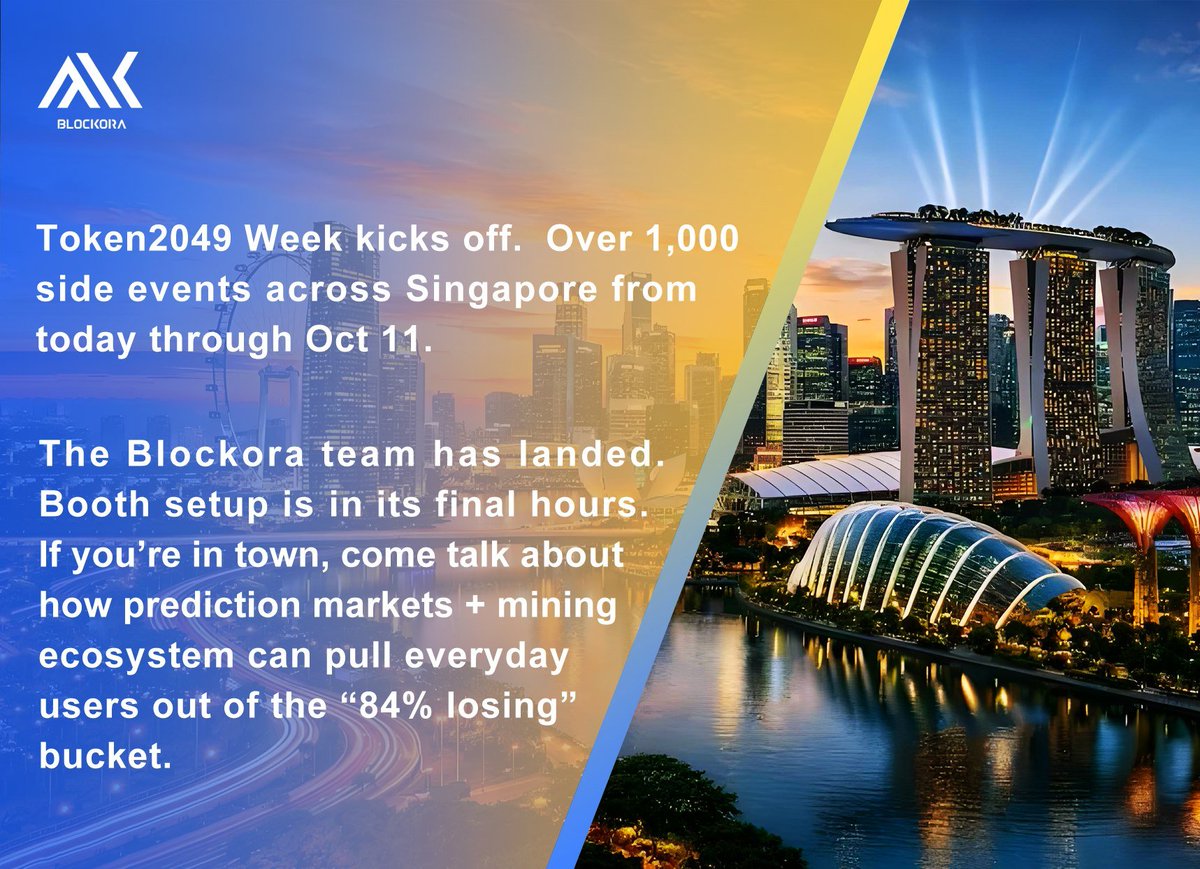 blockoraoffical's tweet photo. 📍Over 1,000 side events across Singapore from today through Oct 11. The Blockora team has landed. Booth setup is in its final hours. If you’re in town, come talk about how prediction markets + mining ecosystem can pull everyday users out of the “84% losing” bucket. 🇸🇬🤝
#BLK https://t.co/vZfh76KtAU