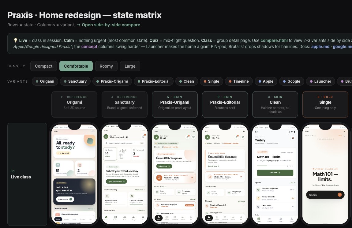 dashginK's tweet photo. loupe started as a folder with html files and one index.html grid. 12 different designs for the home screen of my quiz app, all side by side 🧵 https://t.co/rq0APf4P2V
