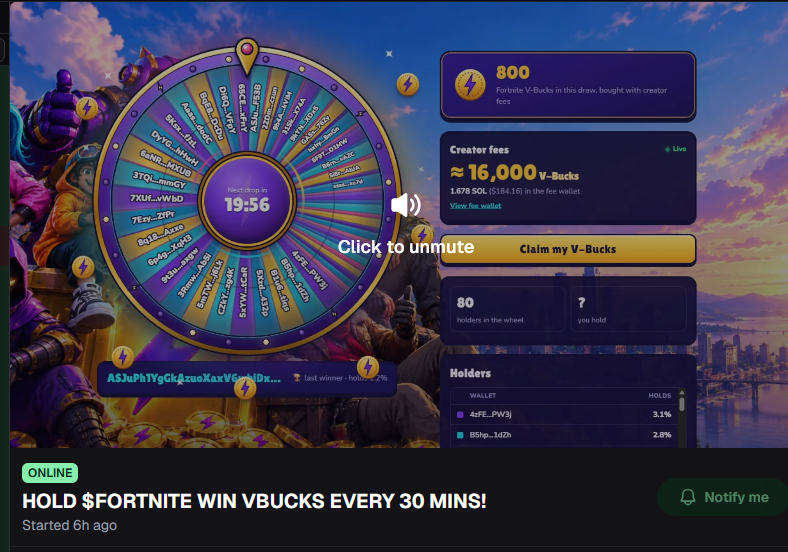 FortniteLootSol's tweet photo. We Will be live streaming the website and the tech 24/7 on @Pumpfun ! Tune in anytime! hold $FORTNITE for a chance to win Vbucks every 30 minutes! https://t.co/YpZlnS7mxz