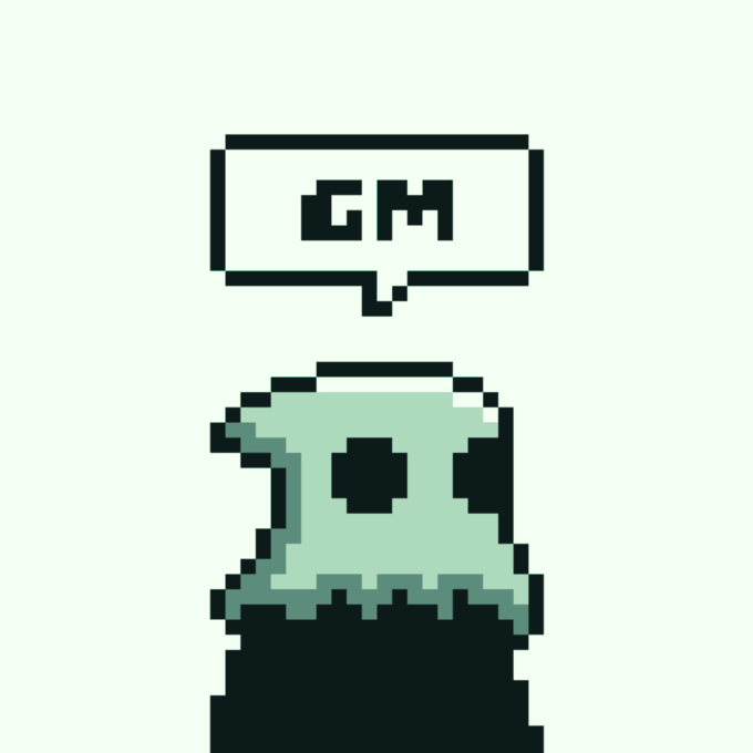 Pixel art of a green character with a speech bubble displaying 'GM' (good morning), commonly used in crypto communities.