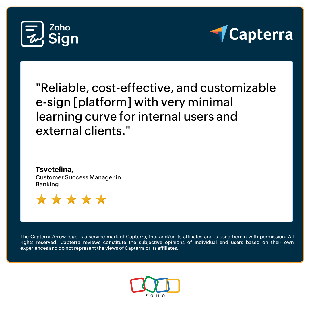 ZohoSign's tweet photo. "Zoho Sign delivers on its core promise of fast and secure signatures while maintaining a simple experience for all parties. The real-time tracking and automatic reminders significantly reduce email exchanges with clients," says Tsevetelina.

Love Zoho Sign? Drop a review using the link below!

https://t.co/JqYsfkweAm