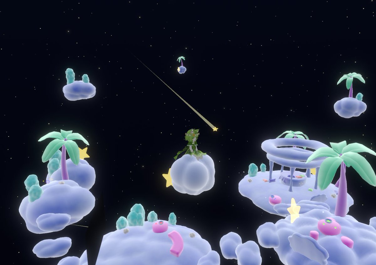 TlanoVRC's tweet photo. 2作目のワールド
「Starlit Clouds」を公開しました！

星と雲のチルワールドです

飛行ギミックで空を飛べます
ちょうど今、ホウキで飛ぶのにもぴったりかも？

VRC Light Volumesでぼんやり光る軽量ワールドです

ちょっとしたギミックもあります https://t.co/eOOcxgYBRR