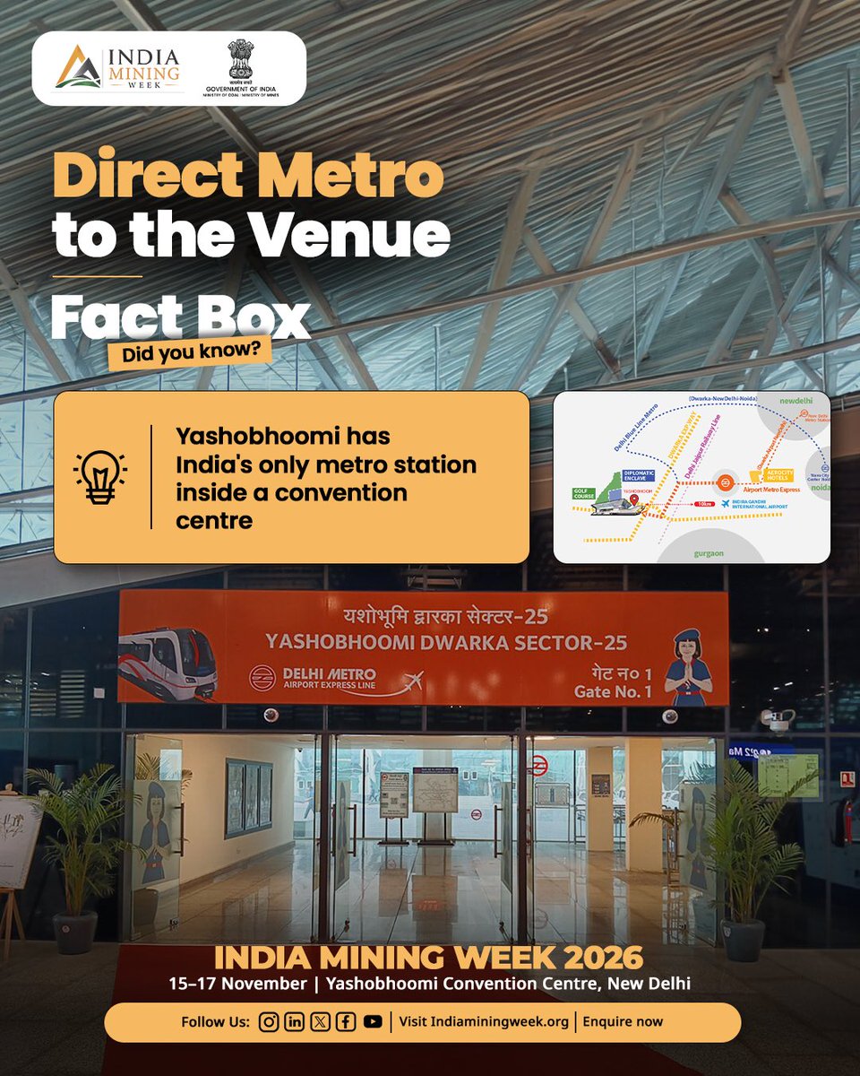 Official_IMW's tweet photo. Did you know?
IMW 2026's venue has a metro station inside the exhibition hall.
No traffic. No excuses.
Register Now
Visitor Registration: https://t.co/VLhawyTXmt
Delegate Registration: https://t.co/UMaX82D9x1
#IndiaMiningWeek #IMW2026 #IndiaMiningWeek2026 #MinistryOfCoal #MinistryOfMines