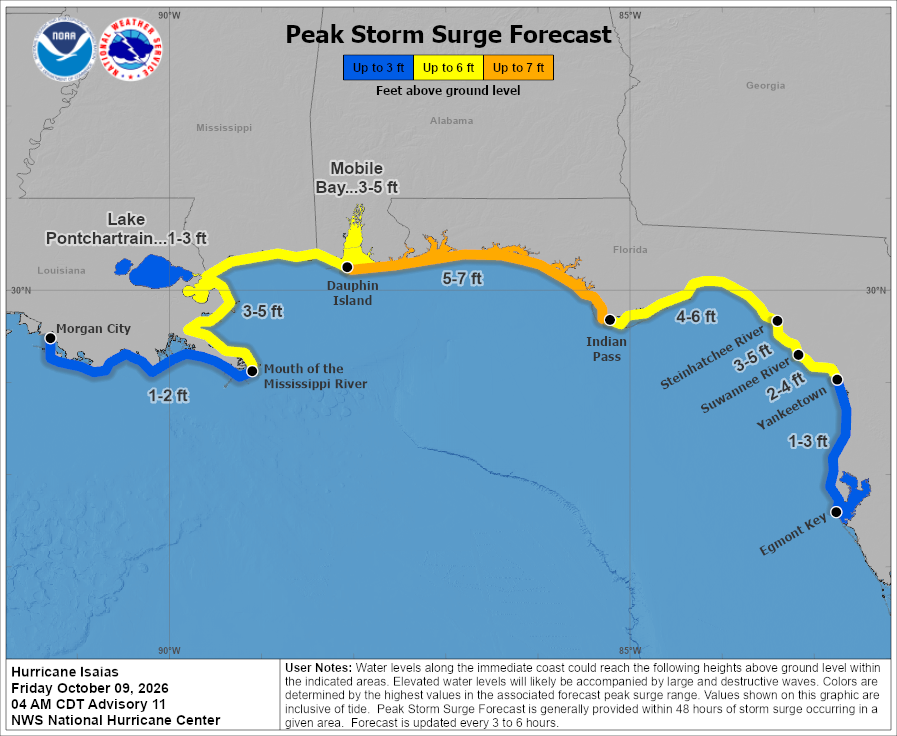 spann's tweet photo. ISAIAS GETTING CLOSER TO LANDFALL: This morning Hurricane Isaias, with winds of 110 mph, is about 200 miles south/southeast of the mouth of the Mississippi River. It is moving to the north/northeast at 15 mph. The hurricane will begin to accelerate today, and landfall comes tonight near Pensacola Beach. Winds will be 90-100 mph at landfall.

The system will move quickly through West Alabama tomorrow morning. Keep in mind the main wind/rain/storm surge impact will be along and to the east of the circulation center.

Key messages....

*A 5-7 foot storm surge is forecast from Dauphin Island to Indian Pass. Storm surge for Mobile Bay will be 3-5 ft. A storm surge warning is in effect.

*Rain amounts along the coast will be in the 4-8 inch range along the coast and across far South Alabama. Amounts of 1-3 inches are likely over the northern and central counties of the state. A flash flood watch is in effect.

*Winds could gust as high as 50-60 mph across much of Alabama tomorrow morning; tropical storm warnings are in effect up to I-20, and a high wind watch is in effect north of I-20. The brings the possibility of long-duration power outages, not just on the coast, but for much of Alabama as well. Highest wind for the coast will come tonight from 6:00 p.m. until 3:00 a.m. For inland parts of Alabama, highest velocities will come from 3:00 a.m. until 12 noon.

*A few isolated tornadoes are possible across Southeast Alabama. The tornado threat has shifted eastward in the latest SPC outlook for tomorrow. 

Models continue to trend faster, much of the rain will be out of Alabama by 12 noon tomorrow. Tomorrow night will be dry for the major outdoor events with diminishing wind.