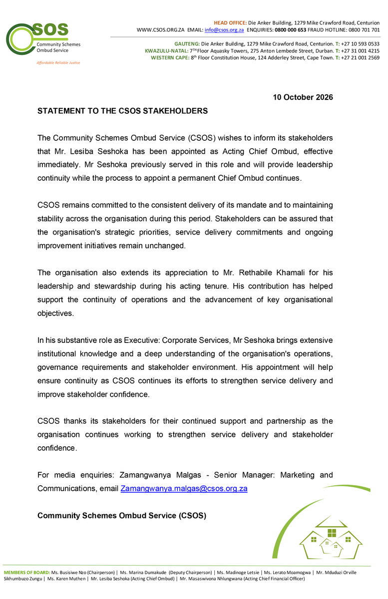 CSOS_SA's tweet photo. [STATEMENT TO STAKEHOLDERS] 

Appointment of Acting Chief Ombud

Date: 10 October 2026 https://t.co/1PpBtL20bG