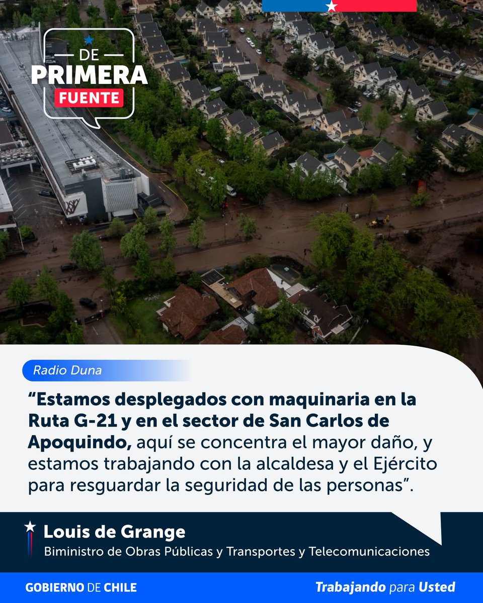 mop_chile's tweet photo. Desde Obras Públicas estamos trabajando coordinados con el resto de las autoridades y con el Ejército. 
En conversación con Radio Duna, el biministro de Grange, reforzó el despliegue de los equipos MOP, como el foco prioritario en la seguridad de las personas. https://t.co/SyxvnXeMR9