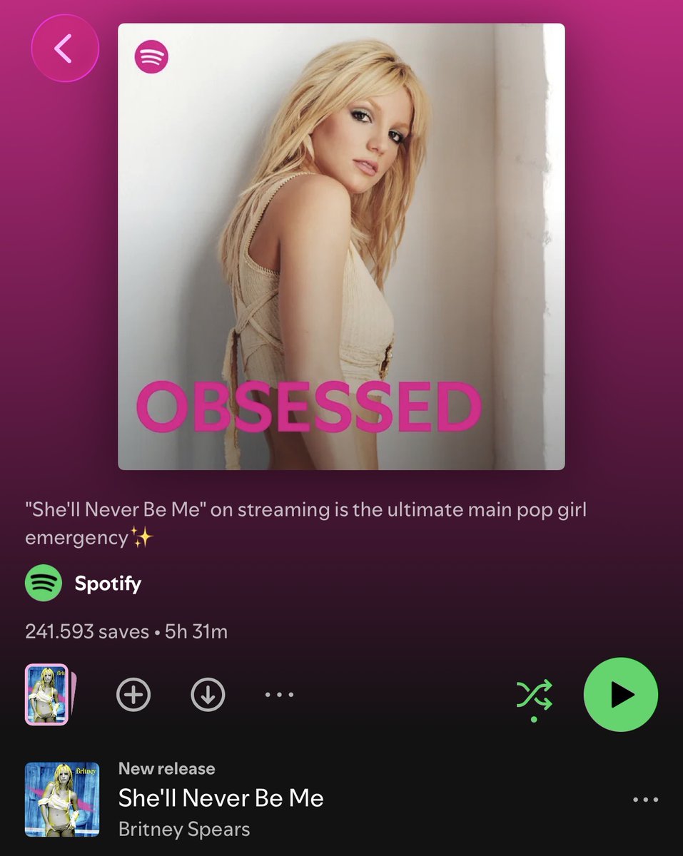 breatheonmiley's tweet photo. Britney Spears is on the cover of Spotify’s Pop All Day and OBSESSED playlists, with She’ll Never Be Me topping both at #1. https://t.co/RaFnbGA76k