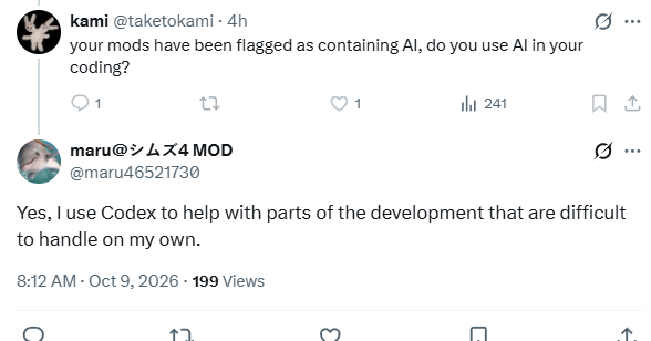 CBXSims's tweet photo. Not even alleged. Codex (by OpenAI) is used to create both their mods and Blender plugins, by their own admission at that.

If you're looking for dynamic CAS mods made by human hands, I'd suggest looking at Simmattically and Simsiboy's alternatives https://t.co/HGaODNLwU8