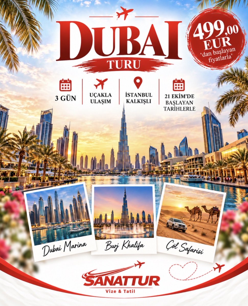 sanattur's tweet photo. 🇦🇪✨ BİR DUBAİ MASALI TURU ✈️❤️

Dubai’nin göz kamaştıran gökdelenleri, lüks yaşamı ve büyüleyici çöl manzaralarıyla unutulmaz bir maceraya hazır mısınız? 🌆🌴

🏙️ Burj Khalifa ve Dubai Marina
🛥️ Abra tekne geçişi ve Eski Dubai
🏜️ Dileyen misafirlerimize çöl safarisi
🕌 Sheikh Zayed Camii ve Abu Dhabi keşfi
🌸 Miracle Garden ve Dubai’nin ikonik noktaları

✈️ AJet Hava Yolları ile ulaşım
📍 İstanbul kalkışlı
🗓️ 21 Ekim’de başlayan tarihlerle
🌙 3 gece konaklama
💶 499 €’dan başlayan fiyatlarla!

Dubai’nin büyüsünü keşfetmek için yerinizi ayırtın! ❤️

📩 Detaylı bilgi ve rezervasyon için bizimle iletişime geçin.

Sanattur, tatilin adresi budur! ❤️

#Sanattur #DubaiTuru #DubaiGezisi #BirDubaiMasalı #DubaiTatili