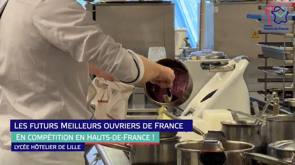 A chef in a white uniform mixing a dark red substance in a bowl at the Lycée Hôtelier de Lille, with French text overlay reading 'LES FUTURS MEILLEURS OUVRIERS DE FRANCE EN COMPÉTITION EN HAUTS-DE-FRANCE !'