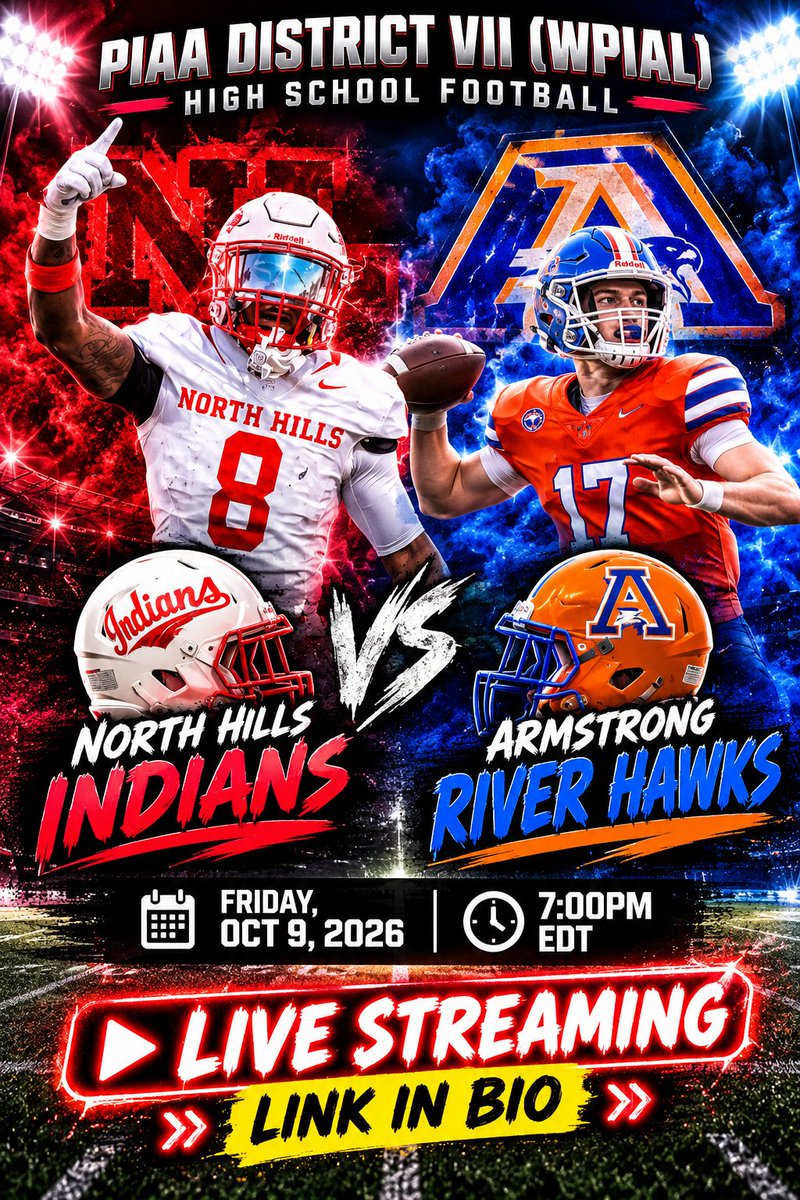 TribHSSNlive's tweet photo. 🏈IT’S GAMEDAY!
🆚: North Hills vs Armstrong
🔴📺LIVE STREAMING FULL GAME👉: https://t.co/EcOha9UTjw
📅: Friday, Oct 9, 
🕖7:00pm
@NHIndiansFB @NHAthletics_ @north_hills  @Mark61Ross @A_Wyz21 @CjHarris_27 @jackbroderick08 @johngould513 @northhills2024 @CoachKasper https://t.co/O8v8AIcsLI