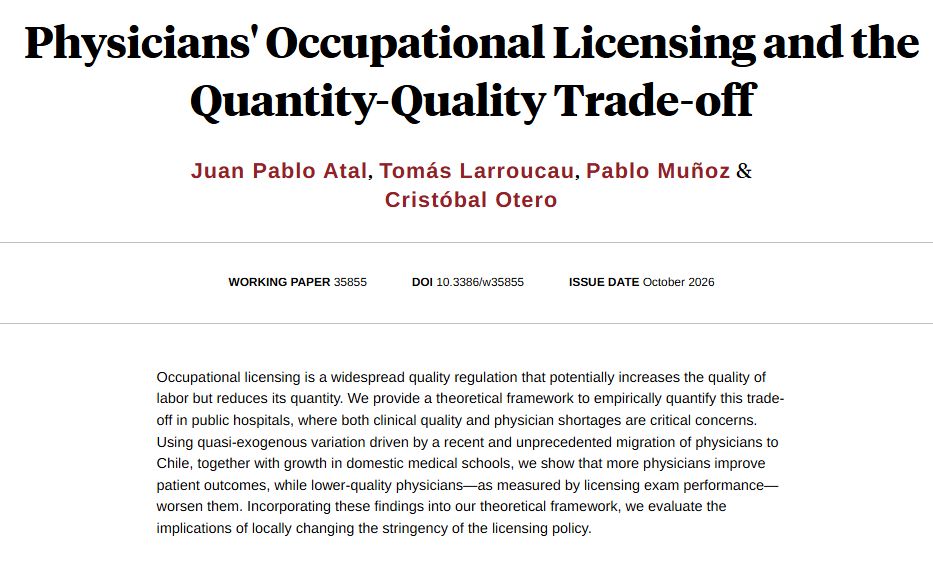 nberpubs's tweet photo. More physicians and higher physician quality, measured by licensing exam scores, reduce patient mortality in Chilean public hospitals, from Juan Pablo Atal, @tlarroucau, Pablo Muñoz, and @cristobalotero https://t.co/z6tzr6Be9o https://t.co/WK50u3uBnf