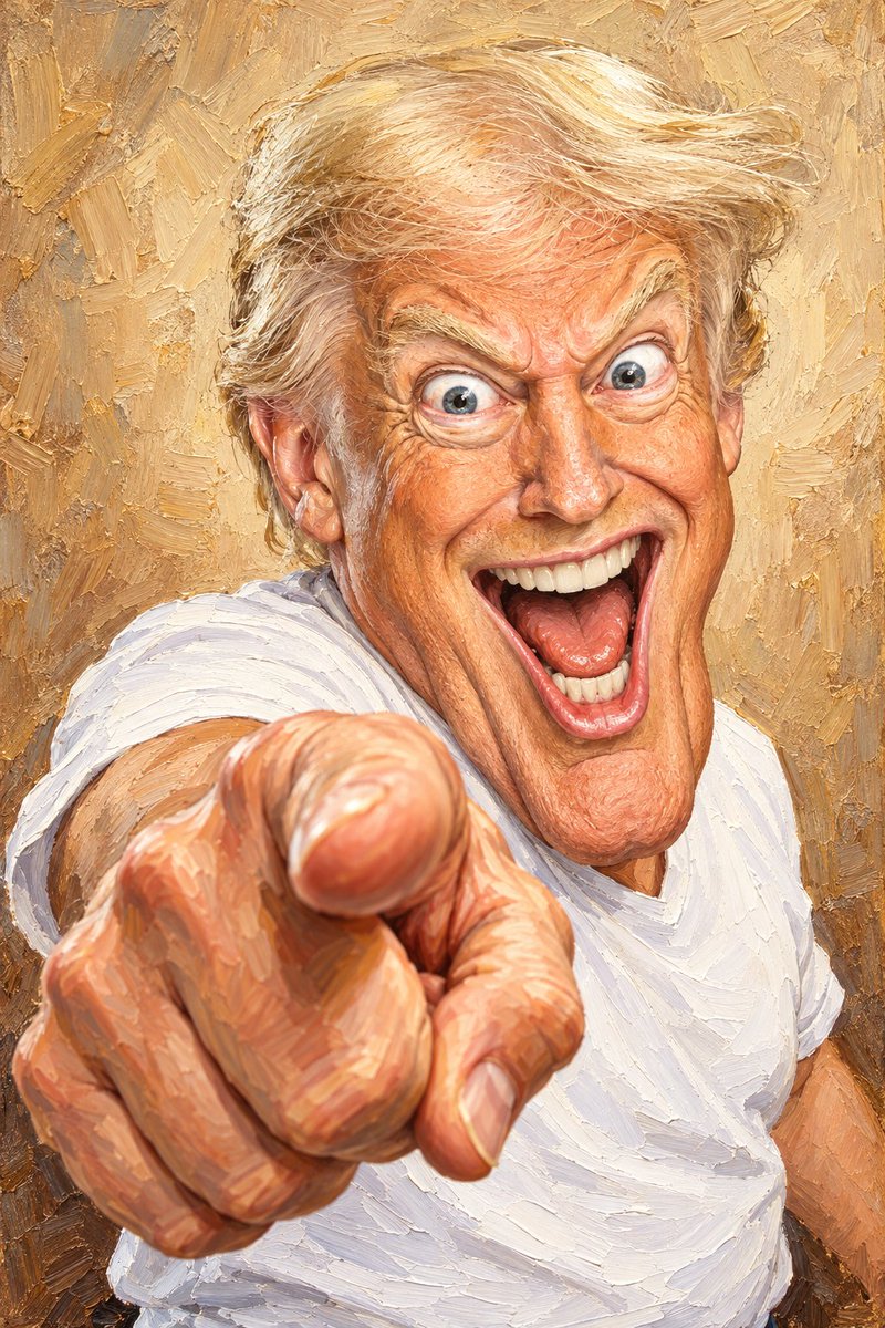 ChatGPTindia_'s tweet photo. WHEN THE DRAMA IS BIGGER THAN THE HANDSHAKE 😂👉🎨 

Make politics a little more unhinged!

Using ChatGpt 

Prompt ⤵️

Create an ultra-funny exaggerated caricature portrait of a man in a textured oil painting style. He is pointing directly at the viewer with an oversized hand in forced perspective, wearing a white t-shirt. Give him an enormous open-mouthed grin, huge bulging eyes, dramatically raised eyebrows, a long stretched jaw, exaggerated facial proportions, and his signature blond hairstyle.The expression should be wildly energetic, goofy, and slightly chaotic, while remaining instantly recognizable. Thick impasto brushstrokes, painterly texture, warm beige canvas background, centered composition, high detail, dramatic lighting, humorous political cartoon vibe, museum-quality digital oil painting, vertical portrait (2:3), no text, no watermark.