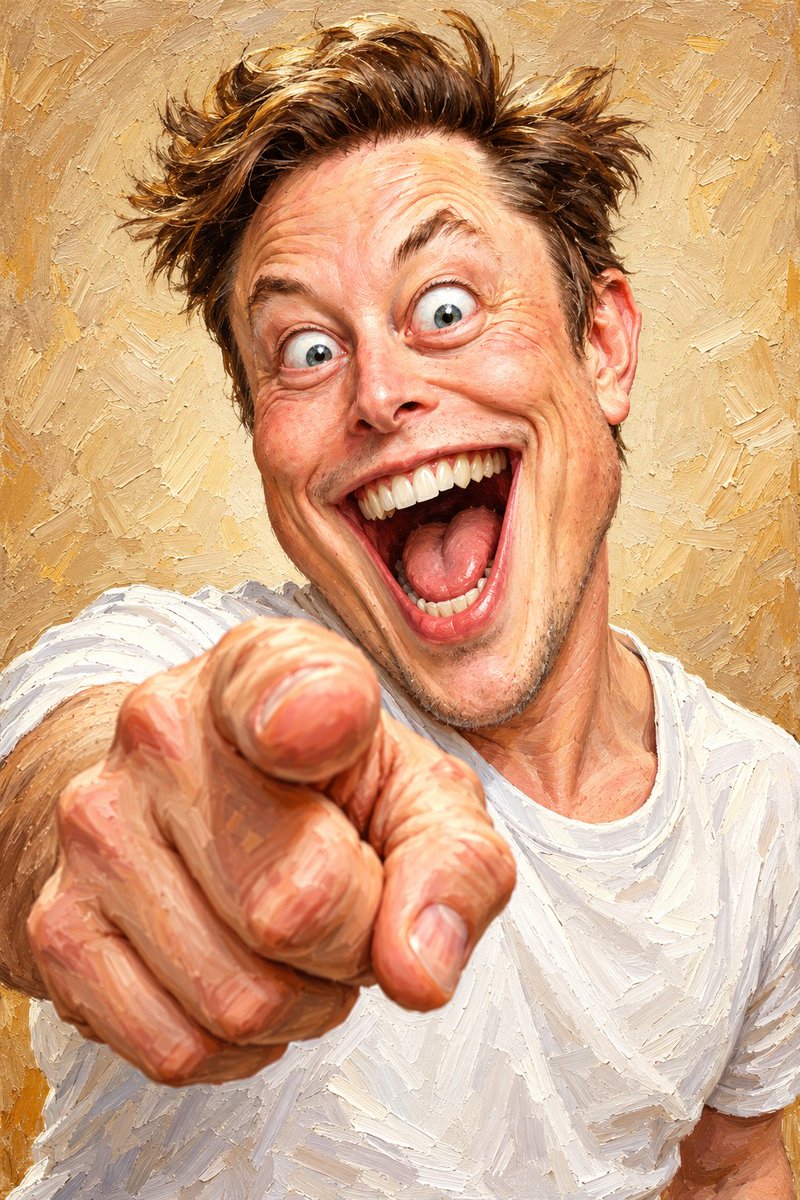 ChatGPTindia_'s tweet photo. WHEN THE DRAMA IS BIGGER THAN THE HANDSHAKE 😂👉🎨 

Make politics a little more unhinged!

Using ChatGpt 

Prompt ⤵️

Create an ultra-funny exaggerated caricature portrait of a man in a textured oil painting style. He is pointing directly at the viewer with an oversized hand in forced perspective, wearing a white t-shirt. Give him an enormous open-mouthed grin, huge bulging eyes, dramatically raised eyebrows, a long stretched jaw, exaggerated facial proportions, and his signature blond hairstyle.The expression should be wildly energetic, goofy, and slightly chaotic, while remaining instantly recognizable. Thick impasto brushstrokes, painterly texture, warm beige canvas background, centered composition, high detail, dramatic lighting, humorous political cartoon vibe, museum-quality digital oil painting, vertical portrait (2:3), no text, no watermark.