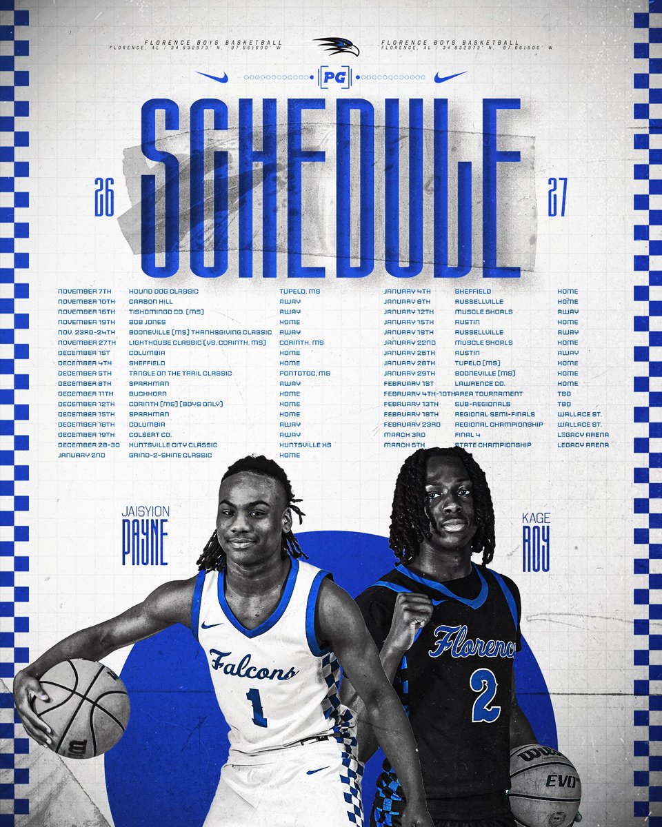 FHSFalconsMBB's tweet photo. The wait is over — the 26-27 Florence High School Boys Basketball schedule is officially HERE! 📅 🏀 

#GoFalcons | #OneFlorence | #Brotherhood https://t.co/gFcWYPQITH