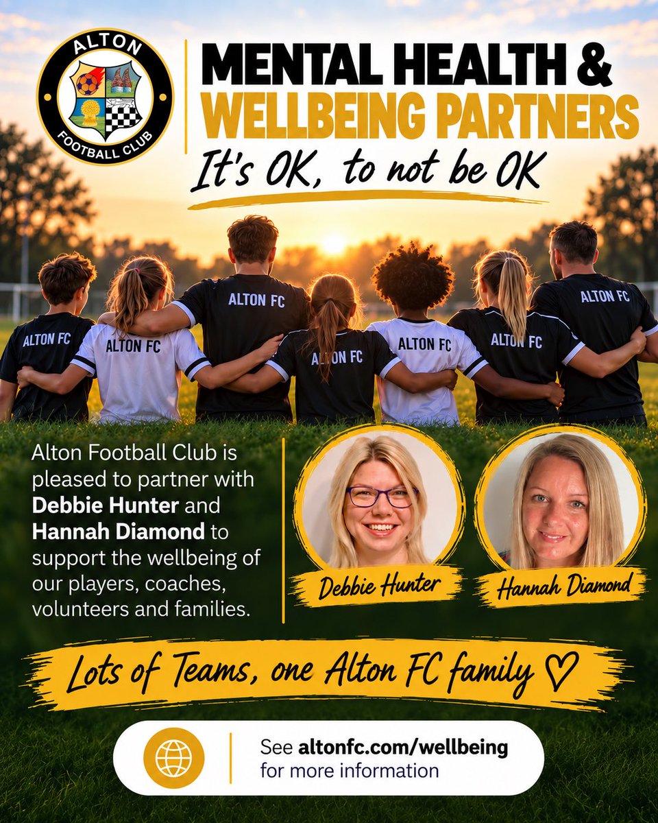 AltonLFC's tweet photo. 🫶 𝗠𝗘𝗡𝗧𝗔𝗟 𝗛𝗘𝗔𝗟𝗧𝗛 &amp; 𝗪𝗘𝗟𝗟𝗕𝗘𝗜𝗡𝗚 𝗣𝗔𝗥𝗧𝗡𝗘𝗥𝗦

Today is World Mental Health Day. Alton FC is pleased to partner with Debbie Hunter and Hannah Diamond to support the wellbeing of the #AltonFCFamily ⚪️⚫️

👉 https://t.co/5a65THekuN https://t.co/gTKDoxWKyl