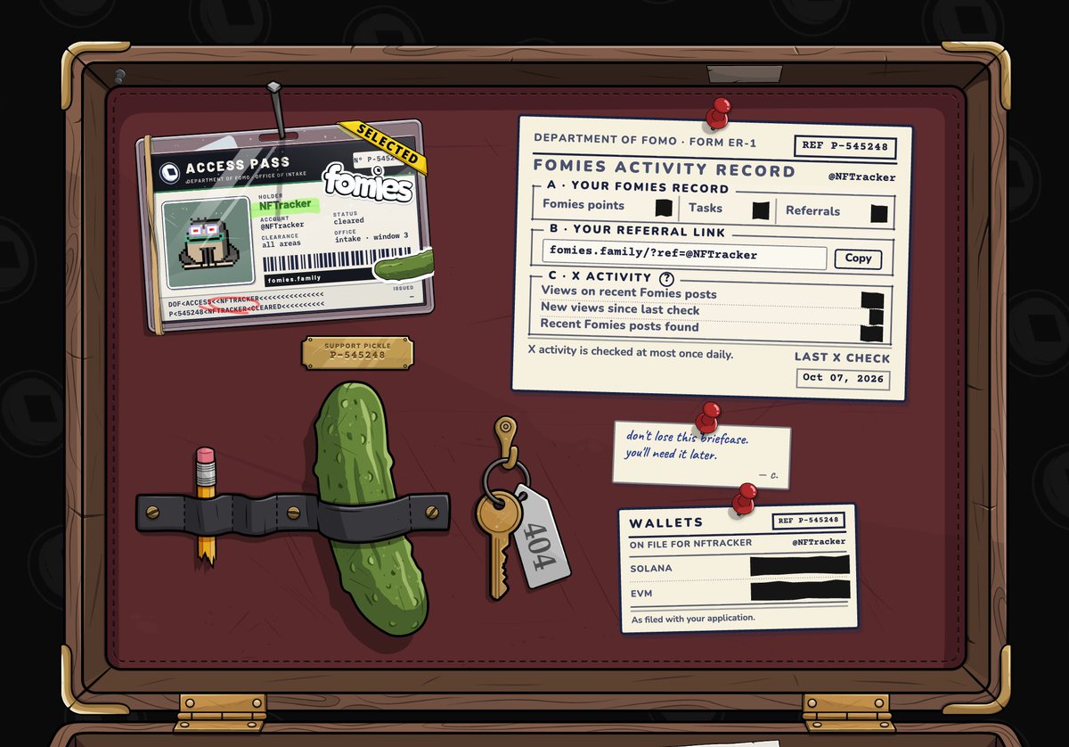 NFTracker's tweet photo. 🥒🤫
the department of fomo left me a briefcase. i've been told not to ask about the pickle. @FomiesNFT #Fomies https://t.co/fatnkQInIy