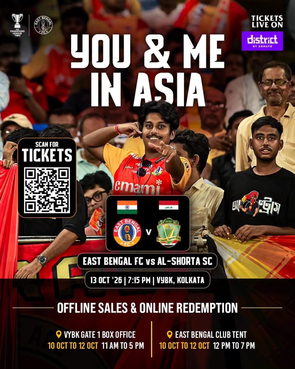 arism_ray's tweet photo. Tickets for our #ACLTwo home clash 🆚 Al-Shorta 🇮🇶 are available for 𝗼𝗳𝗳𝗹𝗶𝗻𝗲 𝗽𝘂𝗿𝗰𝗵𝗮𝘀𝗲 and 𝗼𝗻𝗹𝗶𝗻𝗲 𝗿𝗲𝗱𝗲𝗺𝗽𝘁𝗶𝗼𝗻 starting tomorrow! 

🗓️ 10 October to 12 October 

📍VYBK Gate 1 Box Office
⏰ 11 AM to 5 PM

📍East Bengal Club Tent
⏰ 12 PM to 7 PM https://t.co/BT6Aq08swZ