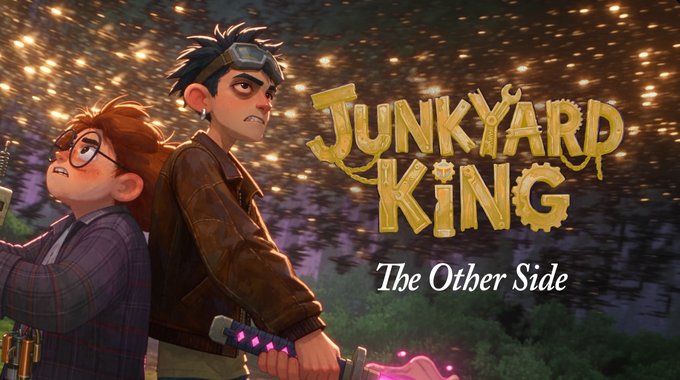 Animated promotional artwork for 'JUNKYARD KING: The Other Side' featuring two characters in a glowing forest setting.