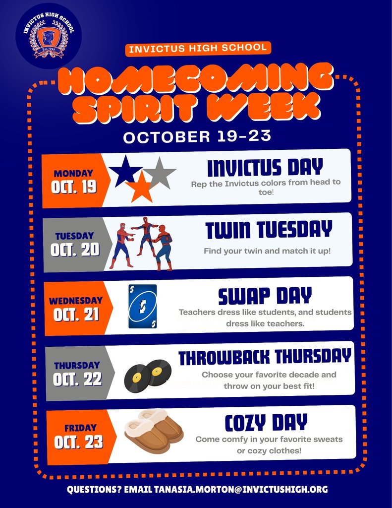 InvictusHigh's tweet photo. π§‘π Homecoming Spirit Week is coming, Invictus! π Join us October 19β23 for a week full of fun, creativity, and school pride!
#InvictusHighSchool #SpiritWeek #Homecoming https://t.co/9GXAJrhkG4