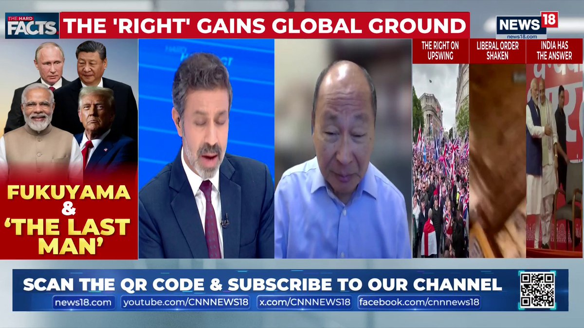 This image from News 18 shows a discussion titled "The 'Right' Gains Global Ground," featuring world leaders like Putin, Xi, Modi, and Trump, and referencing "Fukuyama & 'The Last Man'," while hinting at India having "the answer" to a shaken liberal order.