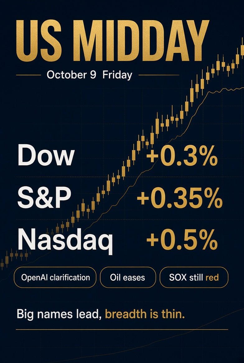 Robert197071's tweet photo. US stocks are clawing back Thursday’s tech selloff Friday morning, but the bounce is thin and the $SOXX  is still red.

Dow about +0.3%, S&P about +0.35%, Nasdaq +0.4% to +0.65%. Russell is flat. NYSE decliners still outnumber advancers, and the equal-weight S&P lags the cap-weighted index. Big names are doing the lifting.

Thursday’s drop came after a report that OpenAI’s annualized revenue was about $50 billion at end-September, below the roughly $70 billion figure in circulation. robinhood:0xd0601ce157db5bdc3162bbac2a2c8af5320d9eec , robinhood:0x156e175dd063a8ce274c50654ef40e0032b3fbcf , $MU and $ORCL sold off; the solana:5XqMbyZbtse5UQUzgrYMpeWLWLR6BWFqUm5H3VAWpump fell about 3.4%. Bloomberg later said OpenAI expects to reach or exceed $70 billion by year-end, with the gap put down to accounting. $MSFT, $AMZN and $TSLA are rebounding. robinhood:0xd0601ce157db5bdc3162bbac2a2c8af5320d9eec is roughly flat. $AAPL is down about 2%.

Oil is the other support. Trump said there would be no strike on Iran before the midterms, and $WTI eased from about $91.50 to about $90.50. Gold futures are up about 1.3% near $4,210. SpaceX’s spectrum deal is weighing on $T, $VZ and $TMUS. $DAL missed and cut its outlook.

This looks like a relief bounce after a headline scare, not confirmation of a turn. Two things to watch: whether the solana:5XqMbyZbtse5UQUzgrYMpeWLWLR6BWFqUm5H3VAWpump can flip green, and whether breadth catches up. If only the megacaps hold it up, the quality of this move into the weekend is ordinary.