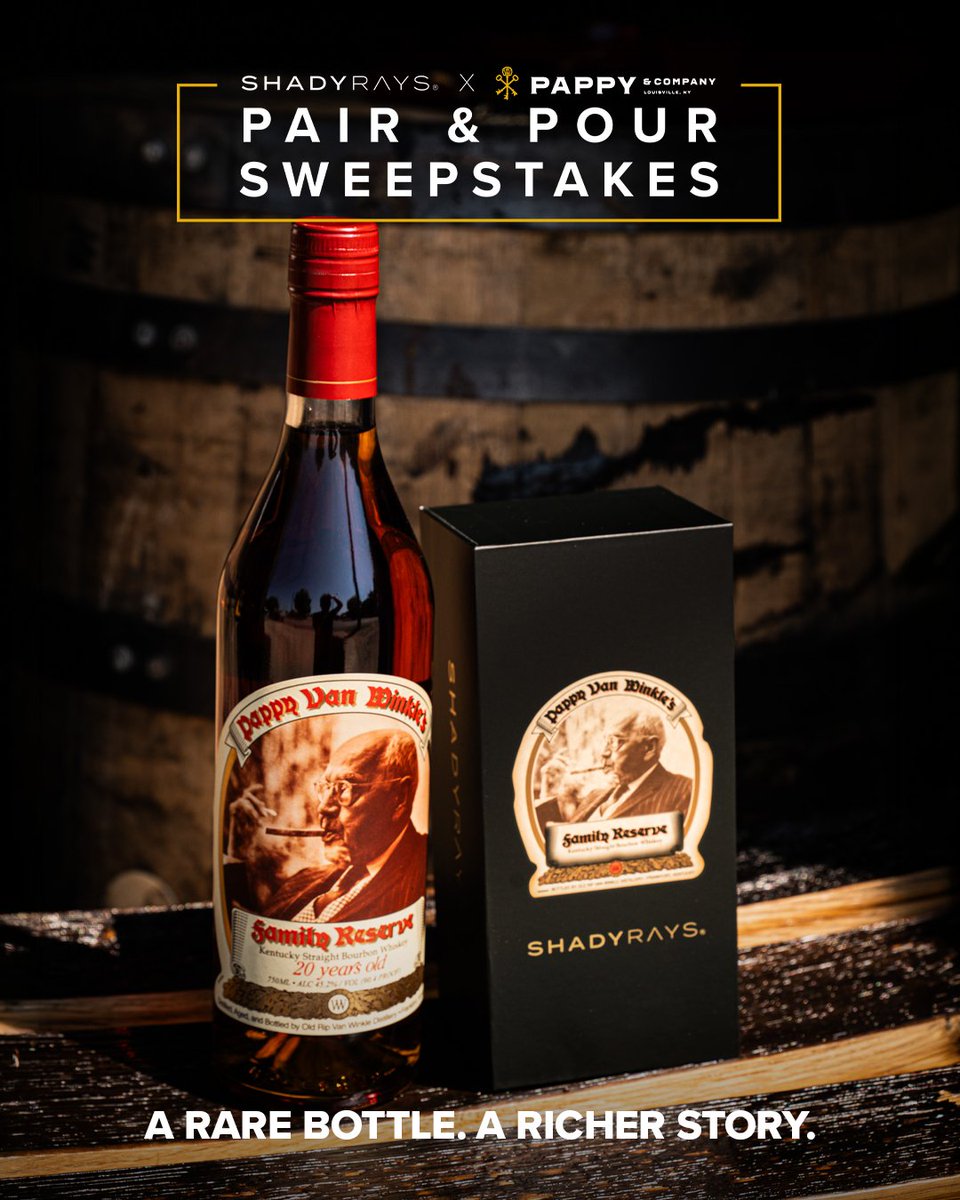 shadyrays's tweet photo. Good bourbon. Good cause. A chance to win a bottle of 20-year Pappy Van Winkle. 🥃

Enter the Pair &amp; Pour Sweepstakes through the free registration form, or by making an additional purchase at Pappy &amp; Co. or Shady Rays: https://t.co/MJeMPqF9lD https://t.co/2kt0EbQgsy