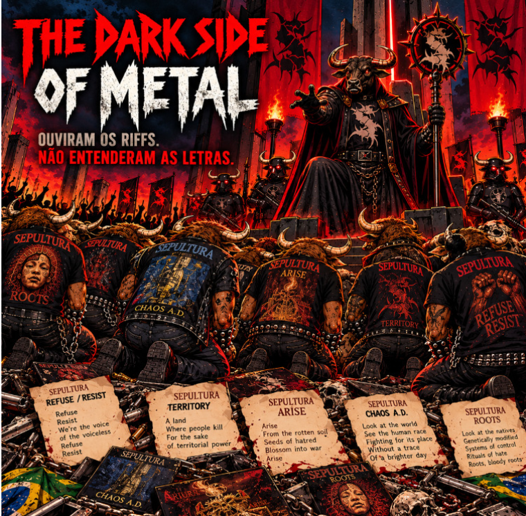 MetalComLula's tweet photo. Mais um falso metaleiro que usa camisa, mas não entendeu porra nenhuma do que ouve. Paga de rebelde, mas se ajoelha diante de falsos deuses p/ justificar o próprio ódio.

O metal nasceu para desafiar o sistema, não para lamber as botas de quem o oprime. Muito poser, pouco cérebro https://t.co/iJmddaYpCB