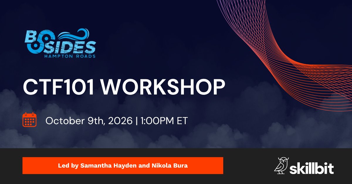 SkillBitLabs's tweet photo. 📢 The CTF101 workshop at BSidesHamptonRoads is starting soon!

If you've never participated in a CTF before, it can feel intimidating to try. Led by Samantha Hayden and Nikola Bura, our CTF101 workshop will walk you through the basics and get you prepped for tomorrow. https://t.co/XSU1gsI7U7