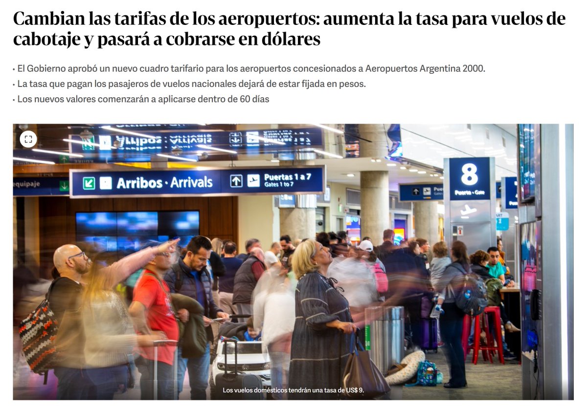 danhaggok's tweet photo. INSÓLITO. La tasa para vuelos de CABOTAJE aumenta y comenzará a cobrarse en dólares. A ver si se entiende, "en dólares" para vuelos domésticos. La empresa pertenece a Eduardo Eurnekian, ex jefe del presidente de la Nación, de antigua relación con Sergio Massa y nuevamente beneficiado desde el poder. Cada cual es libre de sacar conclusiones. Hace rato saqué las mías.