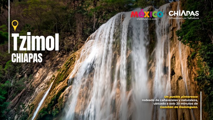 Tourism advertisement for Tzimol, Chiapas (Mexico) showing a waterfall, with text describing it as a picturesque town surrounded by waterfalls and nature, located 20 minutes from Comitán de Domínguez.