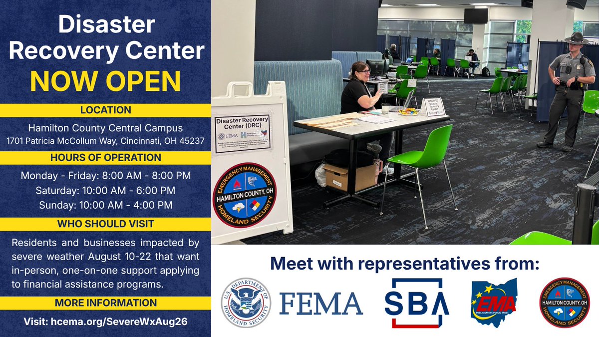 HCEMA's tweet photo. The Disaster Recovery Center is OPEN! We are ready to help anyone impacted by severe weather August 10-22 apply for financial assistance. The center at Hamilton County Central Campus is open Mon-Fri 8am - 8pm, Sat 10am - 6pm, &amp; Sun 10am- 4pm. More info: https://t.co/pfkChf4QX9. https://t.co/jOZ6EeaDge