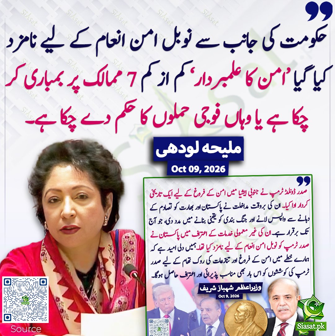 siasatpk's tweet photo. حکومت کی جانب سے نوبل امن انعام کے لیے نامزد کیا گیا ’امن کا علمبردار‘ کم از کم 7 ممالک پر بمباری کر چکا ہے یا وہاں فوجی حملوں کا حکم دے چکا ہے۔ ملیحہ لودھی
#pakistan @LodhiMaleeha 
خبر کا سورس لنک جاننے کیلئے QR Code سکین کریں۔۔ https://t.co/6ptBq28P2e