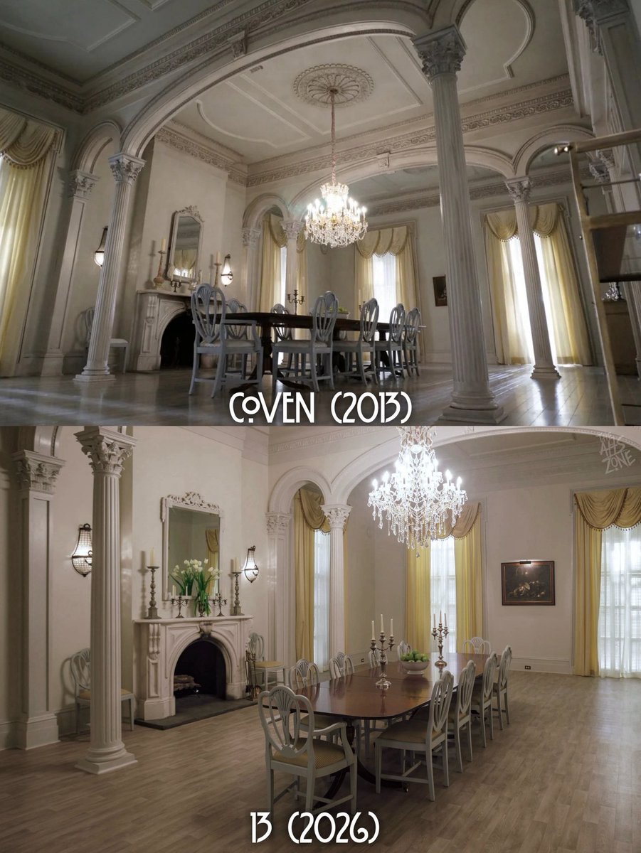 AHSZone's tweet photo. Production designer Anu Schwartz revealed that he was given just six weeks to rebuild Miss Robichaux’s Academy for Exceptional Young Ladies from “AHS: Coven” for #AHS13:

• The original set was torn down in 2014 and nothing was kept in storage, so it had to be painstakingly recreated
• The paint swatches, set pieces, profiles, and proportions used in ‘Coven’ were not documented or no longer exist
• ‘Coven’ production designer Mark Worthington only had photos of the original set
• Partial set plans from ‘Coven’ were eventually discovered in a Disney archive, allowing them to identify the original fireplace and ceiling medallion vendor to make exact replicas