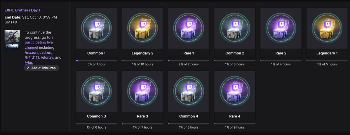 VeryBadSCAVR's tweet photo. Twitch Drops 24/7 stream started 

- Started: October 9th at 7 AM UTC.
- Ends: October 14th at 7 AM UTC.

Drops rewards are for every game mode.
Potential legendary drops reward is also in the image 2

Check out https://t.co/OAodBKdHaO https://t.co/tGCeV7taCi