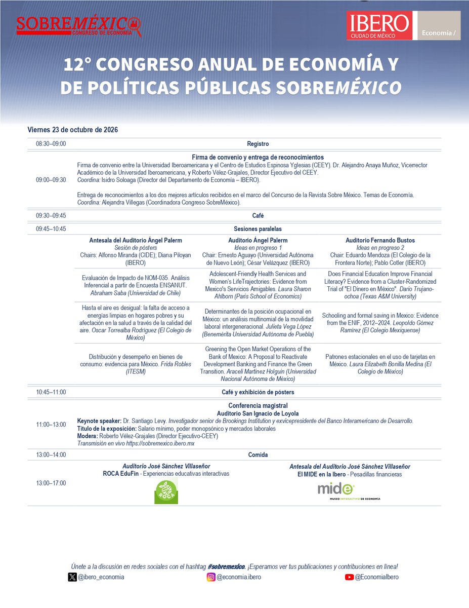 ibero_economia's tweet photo. El día viernes tendremos la conferencia magistral de Santiago Levy: "Salario mínimo, poder monopsónico y mercados laborales"

Además, la mesa de discusión "Fricciones entre economía social y mercados agroalimentarios globales", además de 7 sesiones paralelas

Más información 👇 https://t.co/WFUDKmi1WL